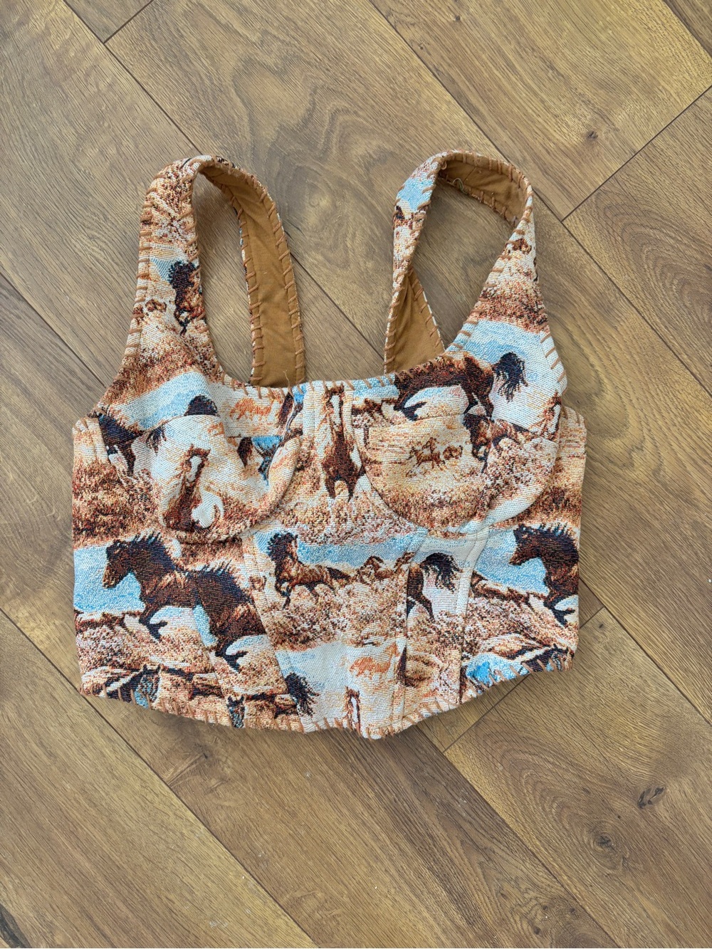 Horse Print Bustier Crop Top in Brown & Sky Blue